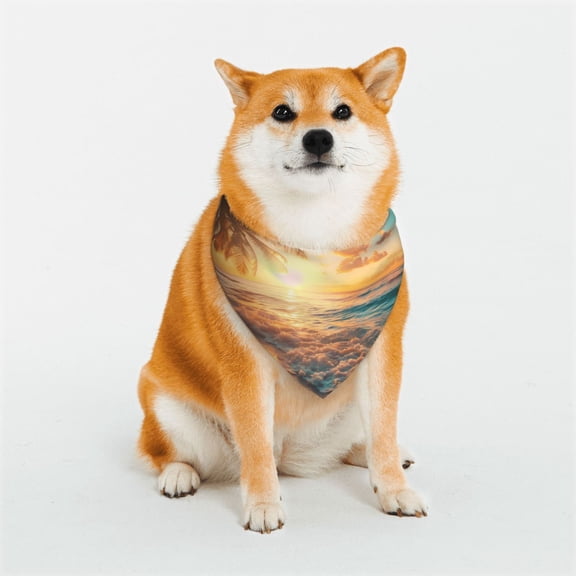 Rateoe Tropical Sunset Beach Scene Print Pet Scarf for Dogs and Cats – Stylish Reflective Design, Breathable & Durable Pet Bandana with Quick-Release Buckle-Small