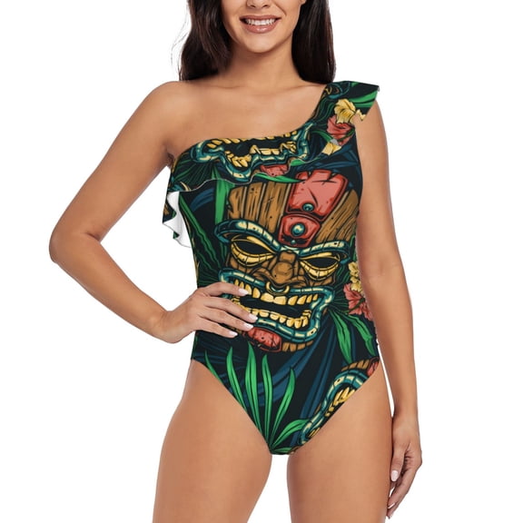 Rateoe Tropical Tribe Mask Pattern Women One Piece Swimsuits Tummy Control One Shoulder Bathing Suits Ruffle Swimwear-