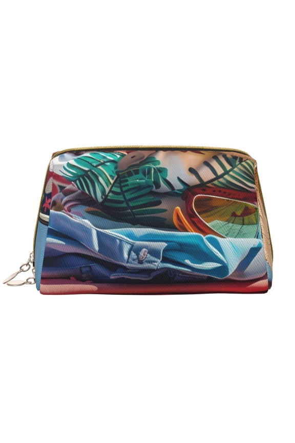 Tropical Vacation Essentials for Travel Makeup Bag,Large Capacity Cosmetic Bags for Women,Waterproof Portable Pouch Open Flat Toiletry Bag Make up Organizer