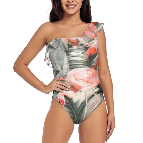 Rateoe Tropical With Flamingos Pattern Women One Piece Swimsuits Tummy Control One Shoulder Bathing Suits Ruffle Swimwear-Small