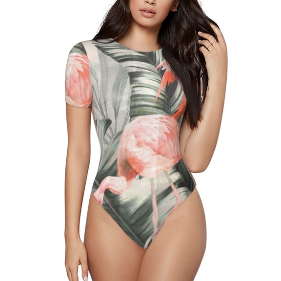 Rateoe Tropical With Flamingos Printed Women Rash Guard Short Sleeve,Tummy control Swimsuit Surfing Swimsuit Bathing Suit Short-sleeved Onesie UPF 50+ -Large