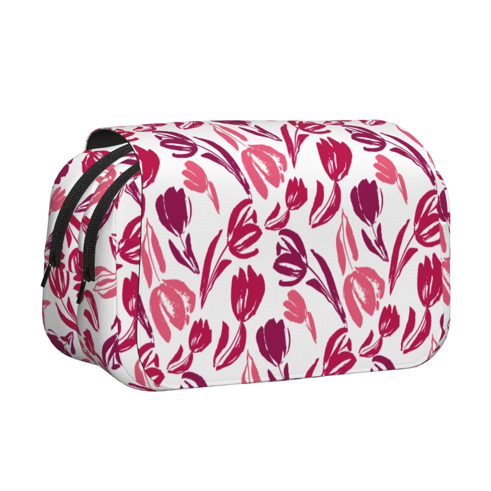 Rateoe Tulips Flowers Pattern Double Clamshell Pen Case, Storage Organizer with Two Zipper Compartments– Holds Up to 50 Pencils & Pens