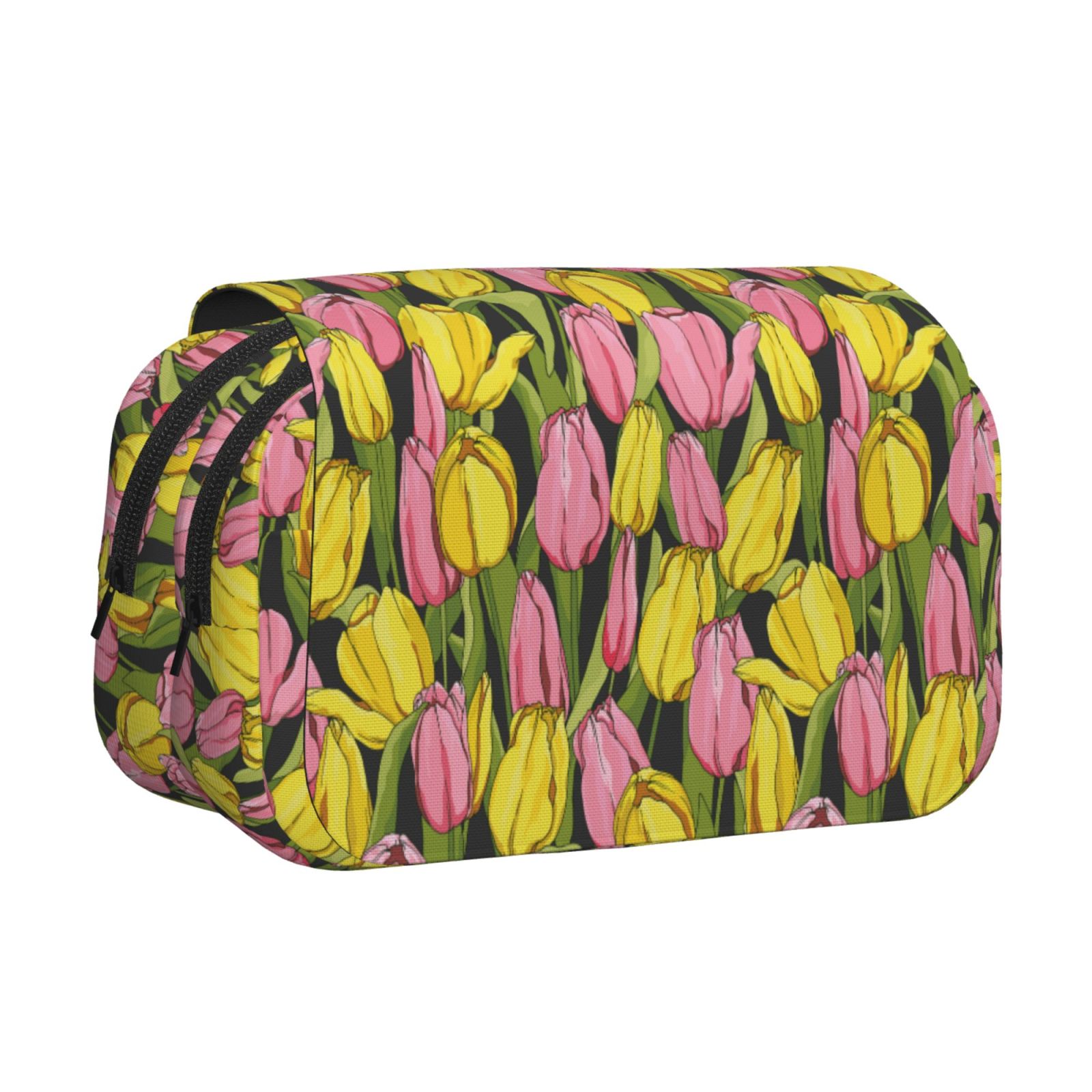Rateoe Tulips Flowers Pattern Double Clamshell Pen Case, Storage Organizer with Two Zipper Compartments– Holds Up to 50 Pencils & Pens