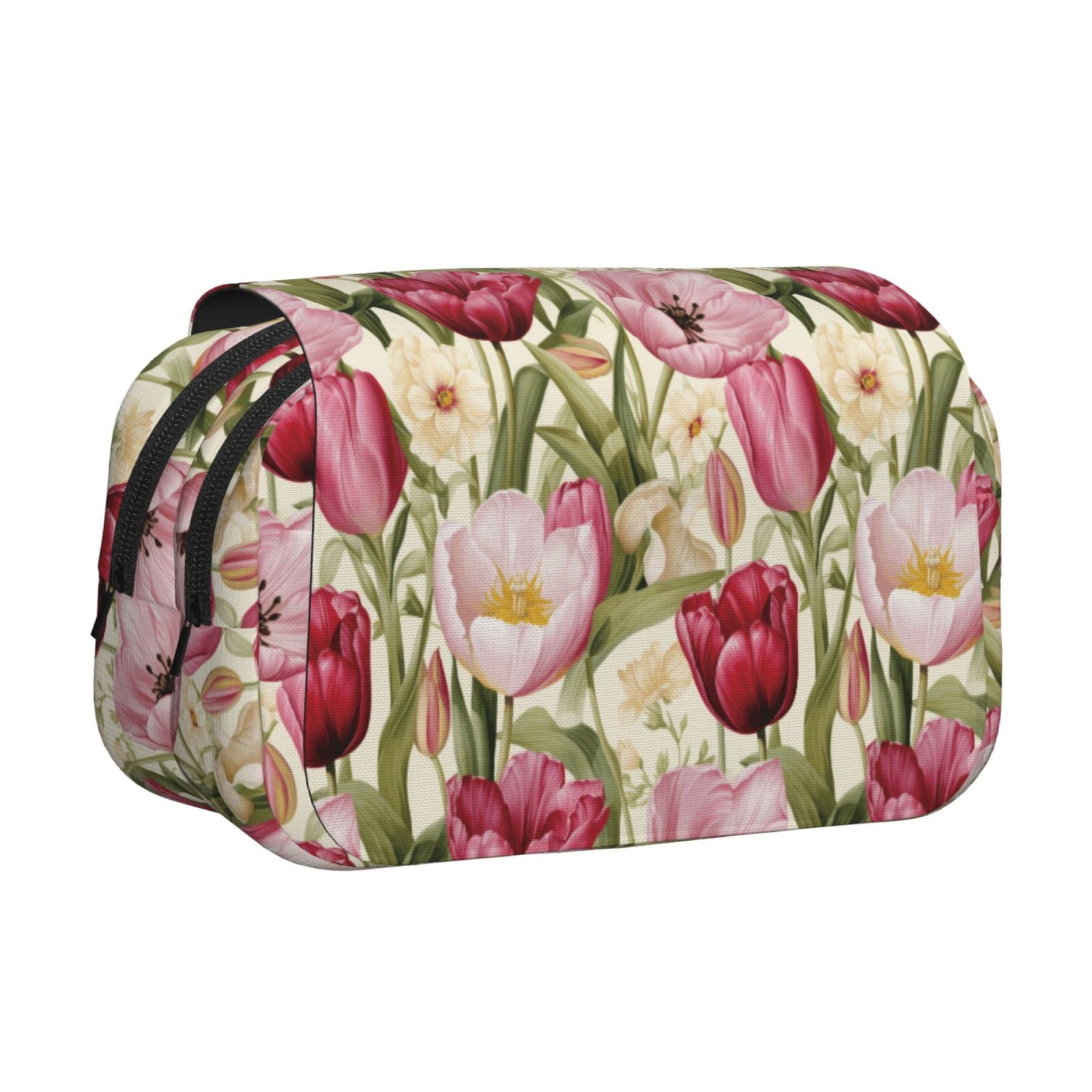Rateoe Tulips Flowers Pattern Double Clamshell Pen Case, Storage Organizer with Two Zipper Compartments– Holds Up to 50 Pencils & Pens