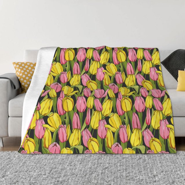 Rateoe Tulips Flowers Pattern Flannel Throw Blanket, Ultrasoft Blanket