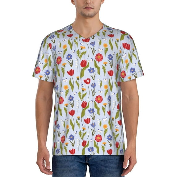 Rateoe Tulips Flowers Pattern Men’s Baseball Short Sleeve Polo Shirt, Midweight Men's Shirt Golf Shirt Polo Shirts Quick Dry Short-3X-Large