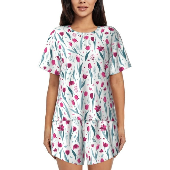 Rateoe Tulips Flowers for 2 Piece Short Sleeves Pajama Sets Casual Lounge Sleepwear Ladies Pjs Sets with Pocket-3X-Large