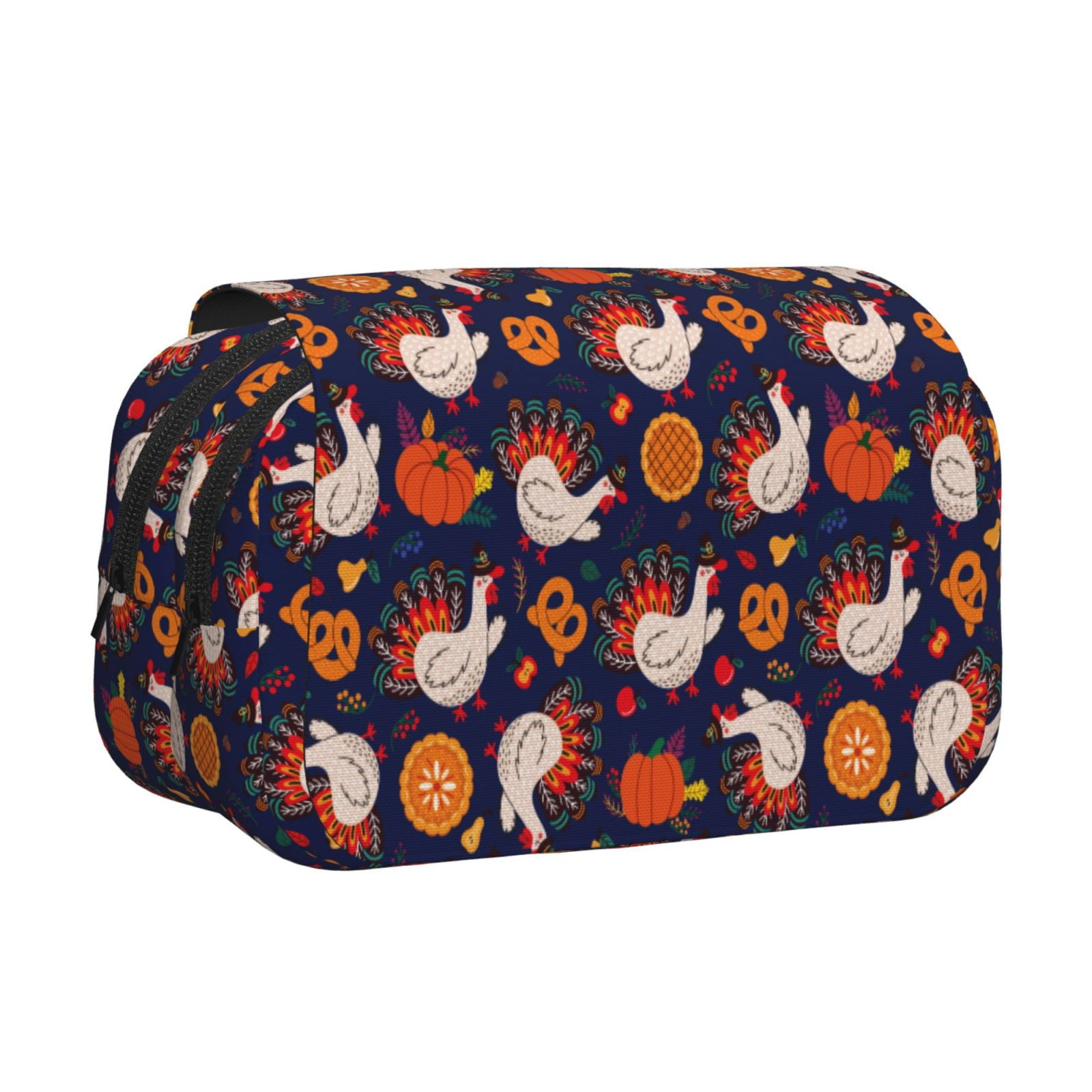 Rateoe Turkey And Thanksgiving Pattern Double Clamshell Pen Case, Storage Organizer with Two Zipper Compartments– Holds Up to 50 Pencils & Pens