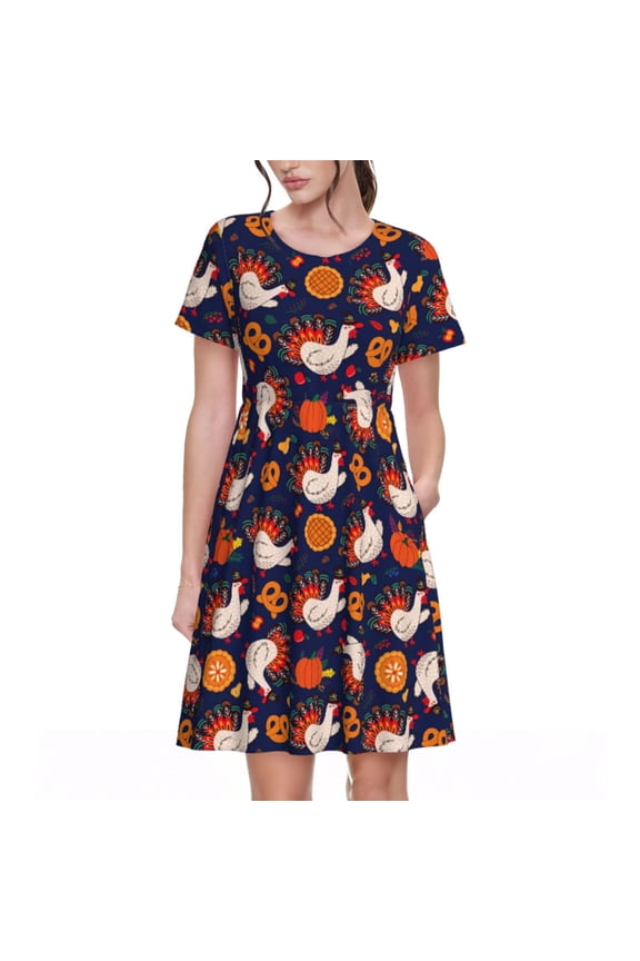Turkey And Thanksgiving Pattern Women’s Short Sleeve Dress – Casual Elegant Summer A-Line Dress for Everyday Wear