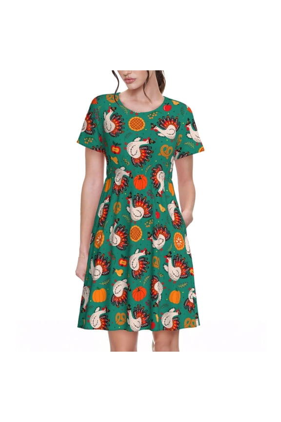 Turkey And Thanksgiving1 Pattern Women’s Short Sleeve Dress – Casual Elegant Summer A-Line Dress for Everyday Wear
