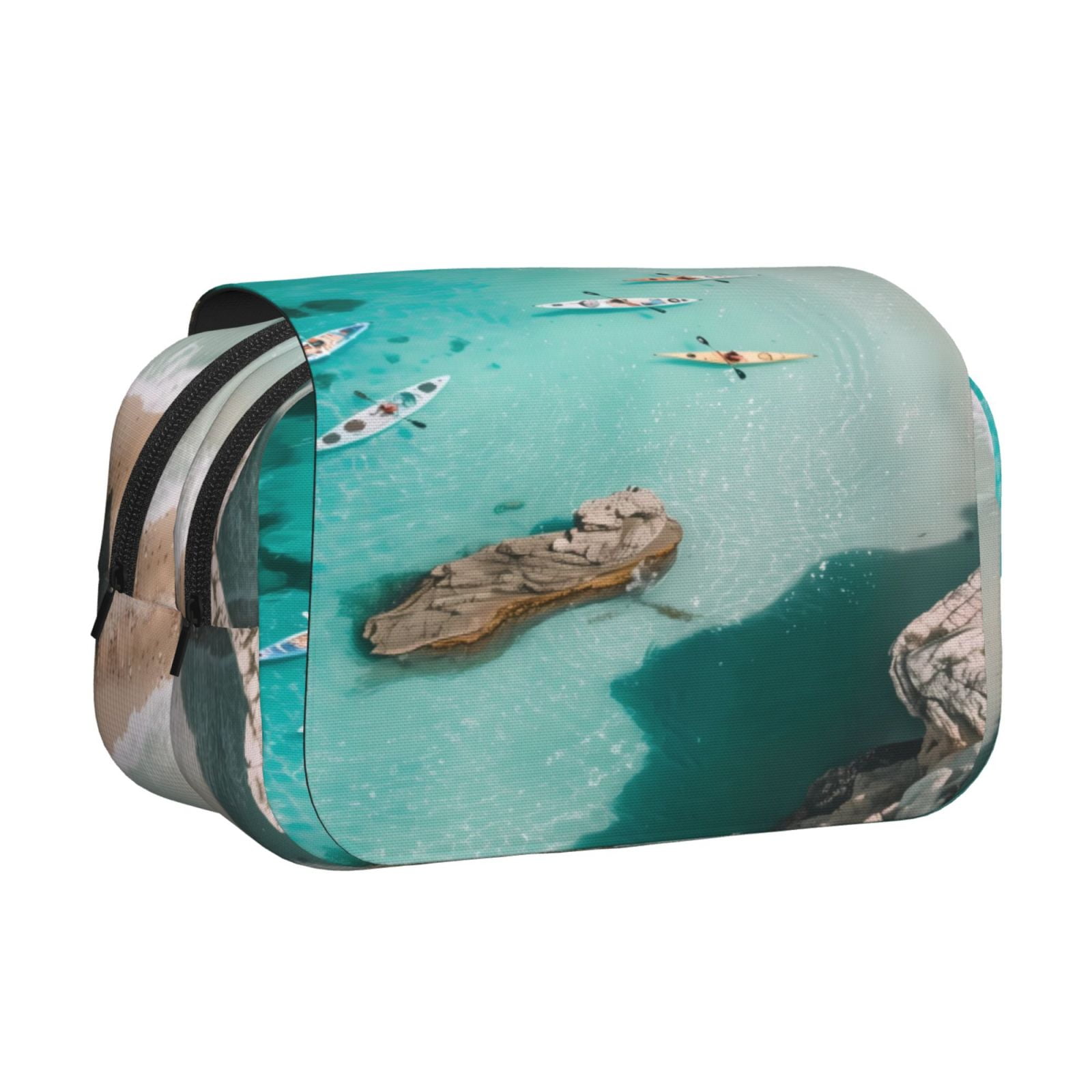 Rateoe Turquoise Beach Kayaking Pattern Double Clamshell Pen Case, Storage Organizer with Two Zipper Compartments– Holds Up to 50 Pencils & Pens