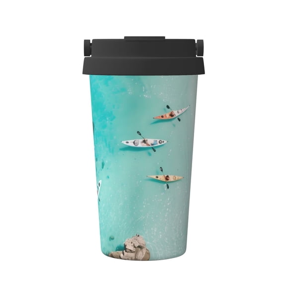 Rateoe Turquoise Beach Kayaking Pattern Travel Coffee Mug Tumbler with Flip Lid | Reusable Insulated Stainless Steel Cold Brew Iced Coffee Cup Thermos