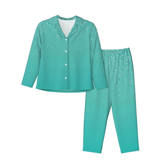 Rateoe Turquoise Glitter Pattern Womens Pajamas Set Long Sleeve Sleepwear Button Down Nightwear Soft Cotton Pj Lounge Sets-Small