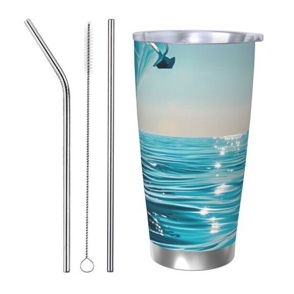 Rateoe Turquoise Ocean Reflection Printed Car Guy Gifts for Men Women Tumbler - 20oz/590ml Double Wall Vacuum Insulated Stainless Steel Travel Tumbler Cups with Lid & Straw-Straw Three-piece Set