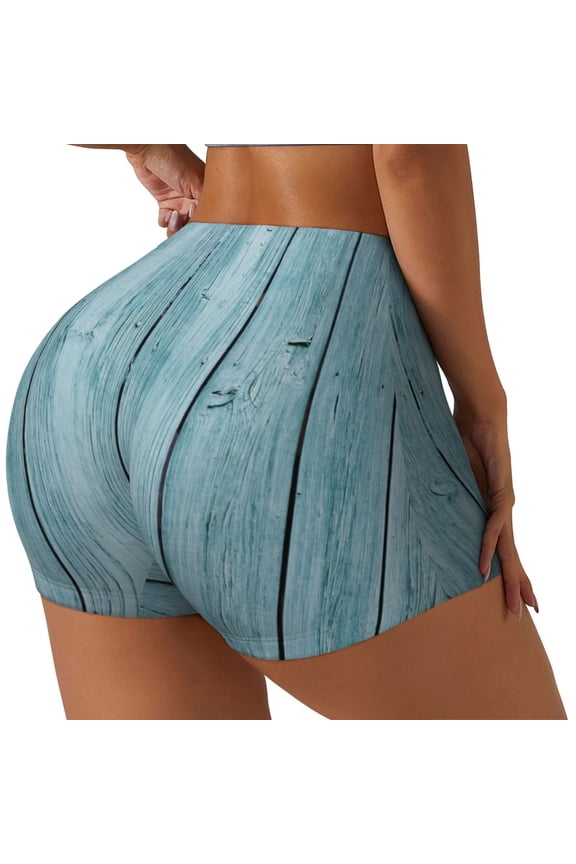 Turquoise Wooden1 Printed Power Workout Shorts for Women Tummy Control Squat Proof Ribbed Thick Seamless Scrunch Active Short-Large