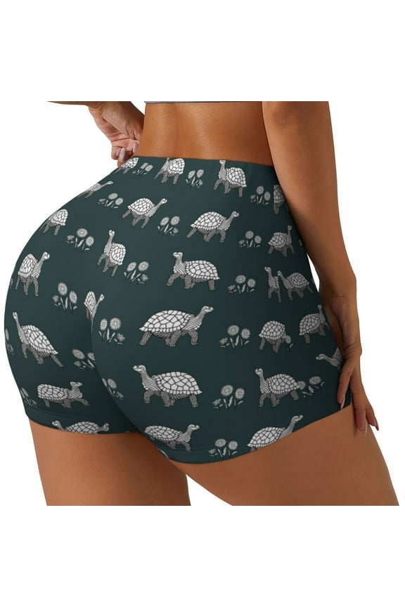 Turtle Chrysanthemum Printed Power Workout Shorts for Women Tummy Control Squat Proof Ribbed Thick Seamless Scrunch Active Short-Large