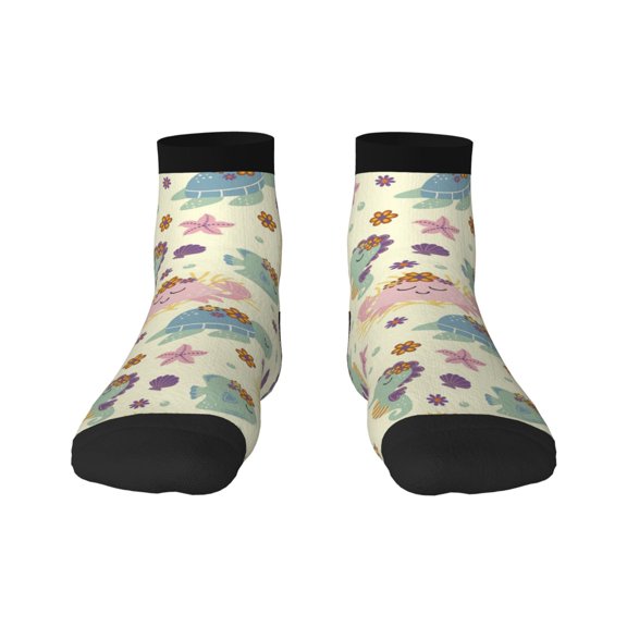 Rateoe Turtle Crab Sea Horse Pattern Quarter Crew Socks,Toe Seamed Ankle Socks,Cotton Cushioned Breathable Athletic Crew Sports Socks