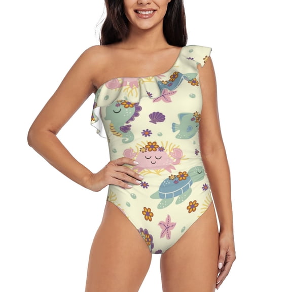 Rateoe Turtle Crab Sea Horse Pattern Women One Piece Swimsuits Tummy Control One Shoulder Bathing Suits Ruffle Swimwear-Large