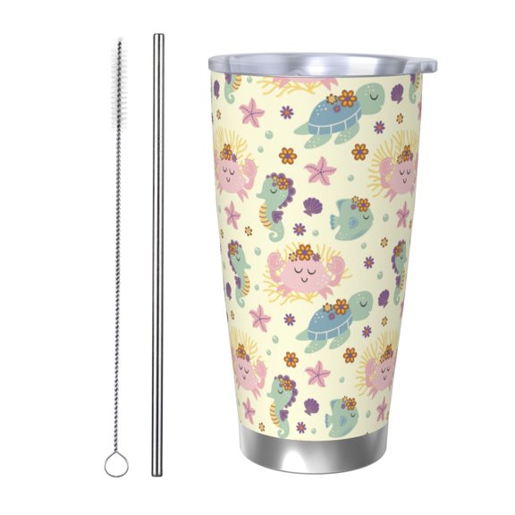 Rateoe Turtle Crab Sea Horse Printed Car Guy Gifts for Men Women Tumbler - 20oz/590ml Vacuum Insulated Stainless Steel Travel Tumbler Cups with Lid & Straw-Straw Two-piece Set