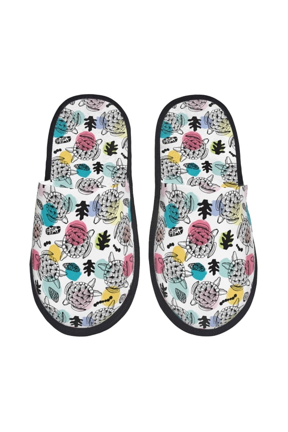 Turtle Pattern Fuzzy Slippers Fuzzy Soft House Slippers Plush Furry Warm Cozy Open Toe Fluffy Home Shoes-Large