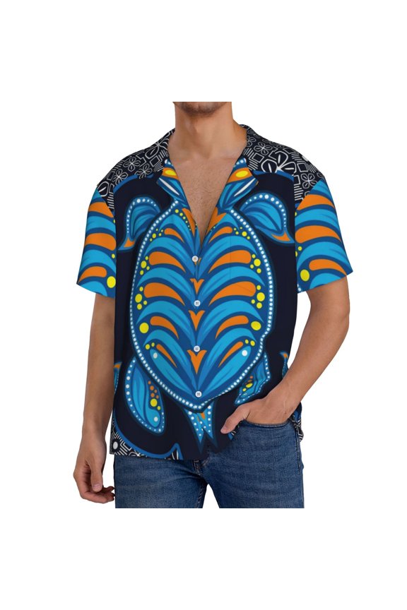 Turtle Pattern Men's Short Sleeve Classic Shirt, Casual Short-Sleeved Shirt, Lightweight Summer Shirt, Cuban Collar Shirt,Button-Front Shirt-Large