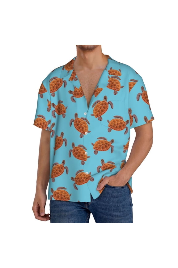 Turtle Pattern Men's Short Sleeve Classic Shirt, Casual Short-Sleeved Shirt, Lightweight Summer Shirt, Cuban Collar Shirt,Button-Front Shirt-Small