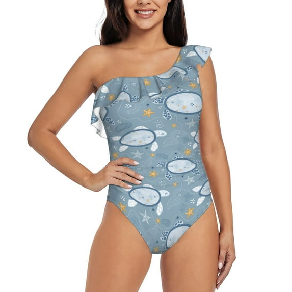 Rateoe Turtle Pattern Women One Piece Swimsuits Tummy Control One Shoulder Bathing Suits Ruffle Swimwear-Large