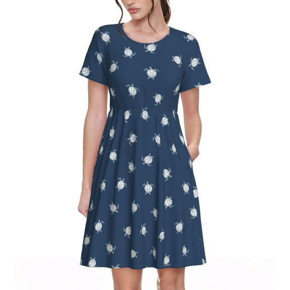 Rateoe Turtle Pattern Women’s Short Sleeve Dress – Casual Elegant Summer A-Line Dress for Everyday Wear