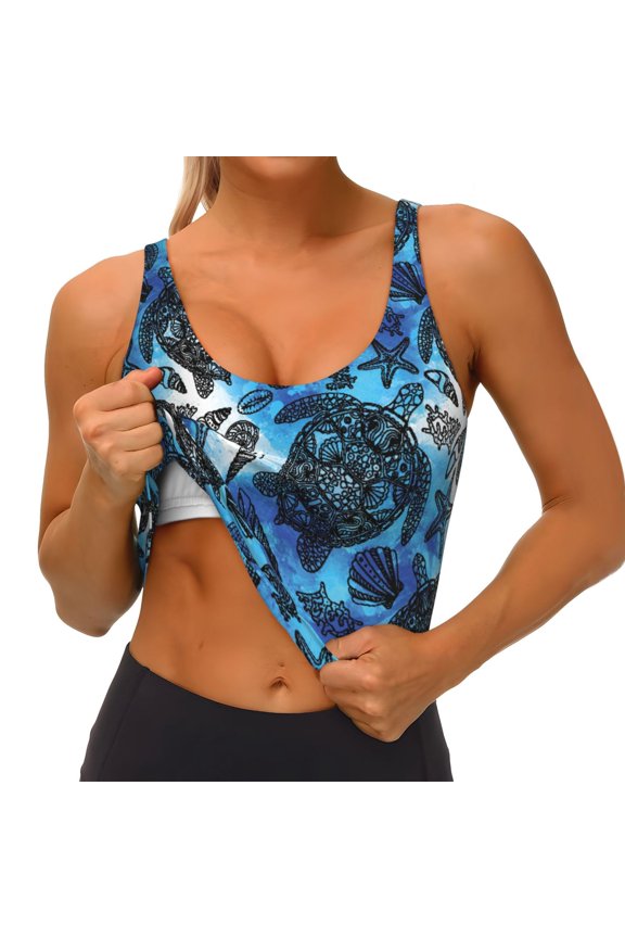 Turtle,Shell Algae Starfish Coral Print Womens' Sports Bras Scoop Neck Sports Vest- Padded U Back Seamless High Impact Support