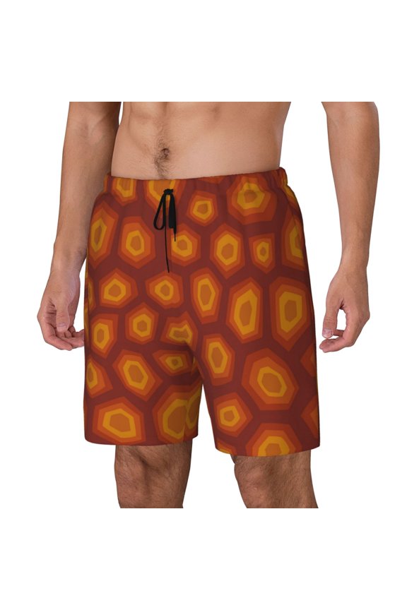 Turtle Shell Pattern Men’s Swim Shorts with Compression Liner – Double-Layered Quick-Dry Swimwear, Comfortable & Stretchy Beach Shorts-Large
