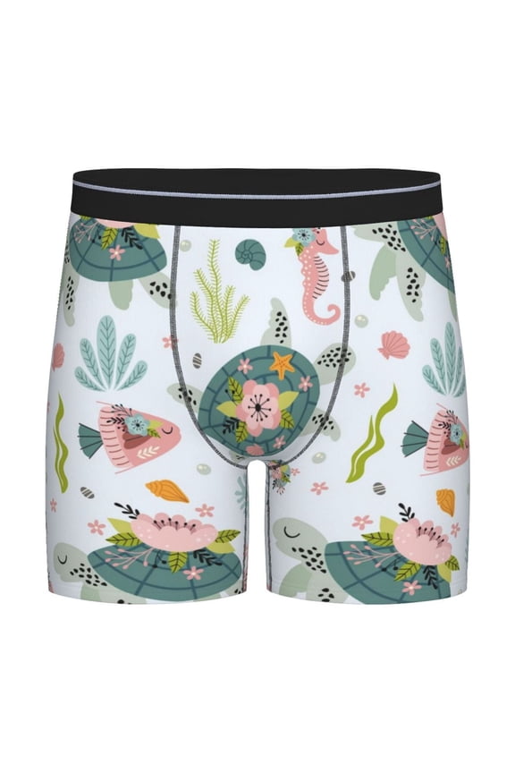 Turtle and Sea Life Print Men’s Underwear Boxer Briefs Soft Comfortable Underwear Boxer Briefs, Long Leg Briefs,Anti-chafing Boxer Briefs