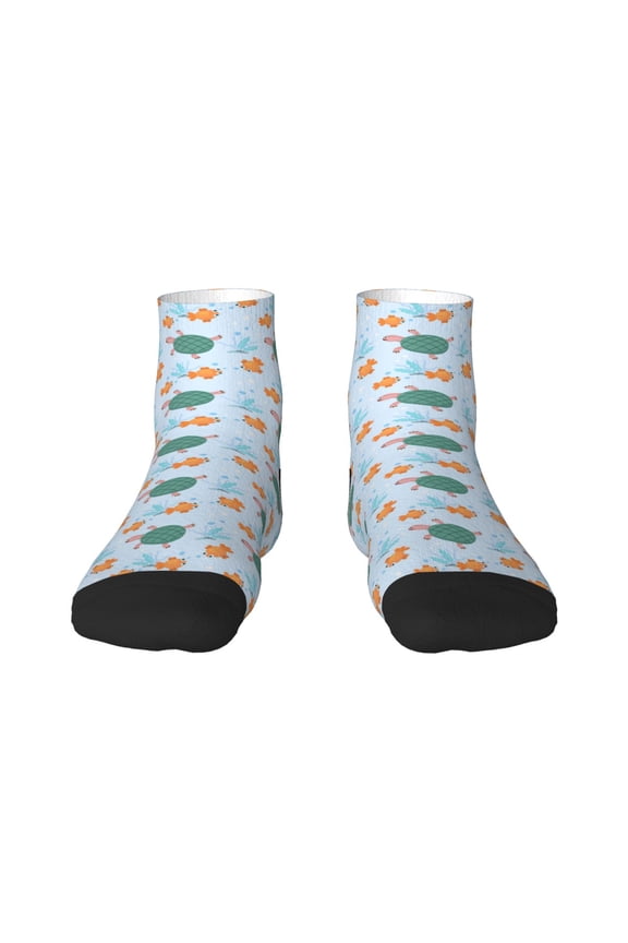 Turtles And Goldfish Pattern Quarter Crew Socks,Toe Seamed Ankle Socks,Cotton Cushioned Breathable Athletic Crew Sports Socks