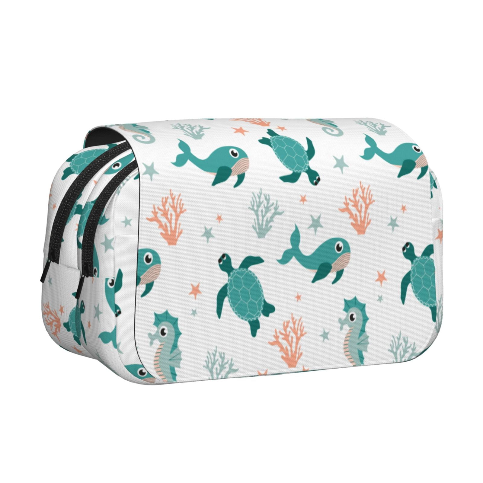 Rateoe Turtles And Seahorses Pattern Double Clamshell Pen Case, Storage Organizer with Two Zipper Compartments– Holds Up to 50 Pencils & Pens