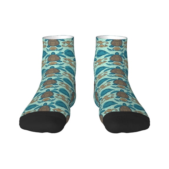 Rateoe Turtles And Seahorses Pattern Quarter Crew Socks,Toe Seamed Ankle Socks,Cotton Cushioned Breathable Athletic Crew Sports Socks