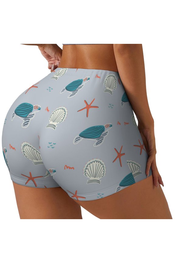 Turtles And Shells Printed Power Workout Shorts for Women Tummy Control Squat Proof Ribbed Thick Seamless Scrunch Active Short-Small