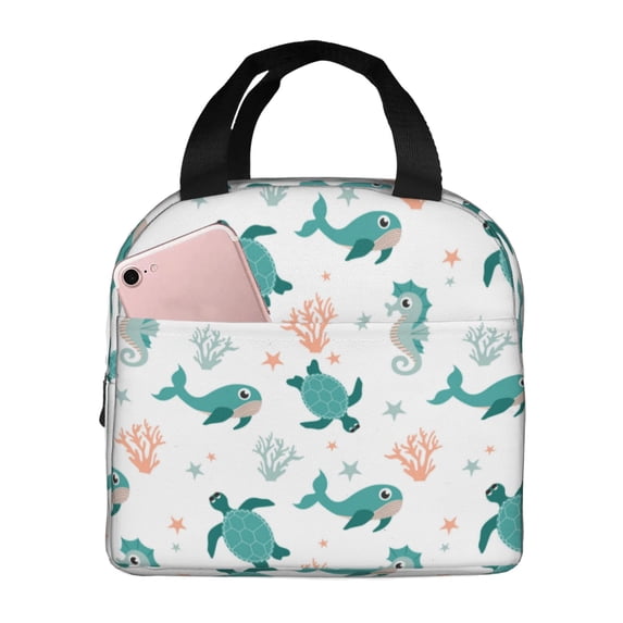 Rateoe Turtles And Seahorses Pattern Insulated Lunch Bag with Thick Aluminum Foil Lunch Tote Bag with Front Pocket for Men and Women, Ideal for Work, School, Picnics, and Travel