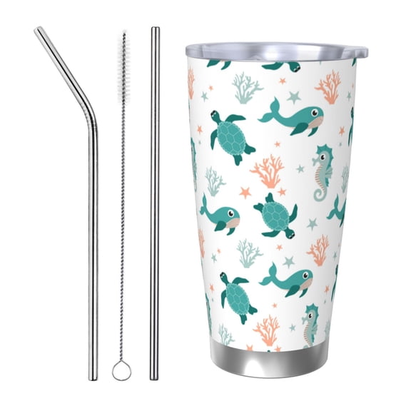 Rateoe Turtles And Seahorses Printed Car Guy Gifts for Men Women Tumbler - 20oz/590ml Double Wall Vacuum Insulated Stainless Steel Travel Tumbler Cups with Lid & Straw-Straw Three-piece Set