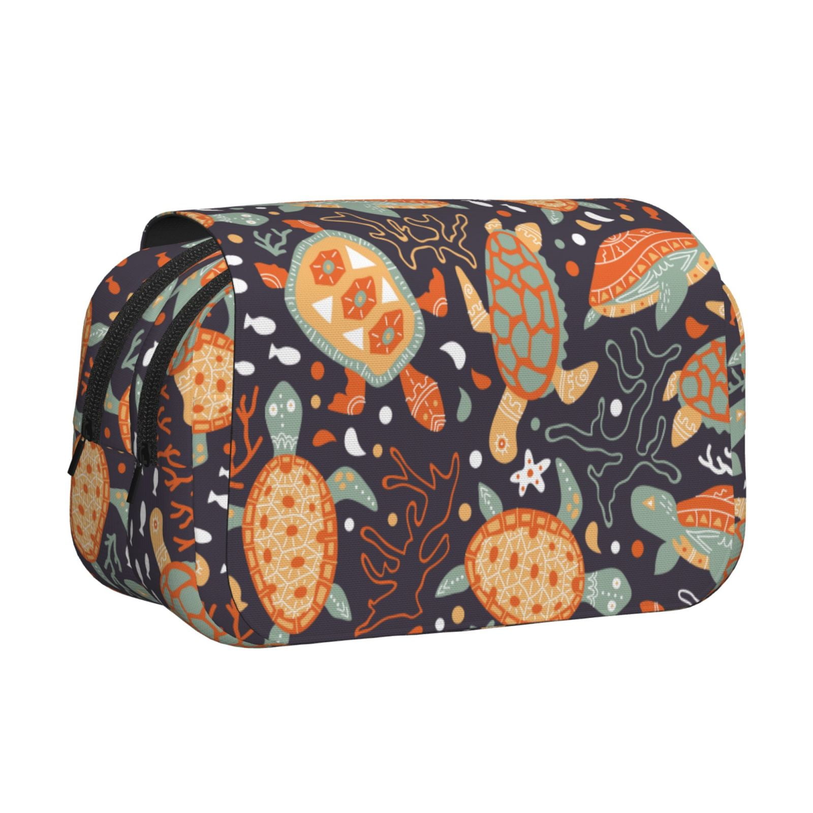 Rateoe Turtles and Sea Plants Pattern Double Clamshell Pen Case, Storage Organizer with Two Zipper Compartments– Holds Up to 50 Pencils & Pens