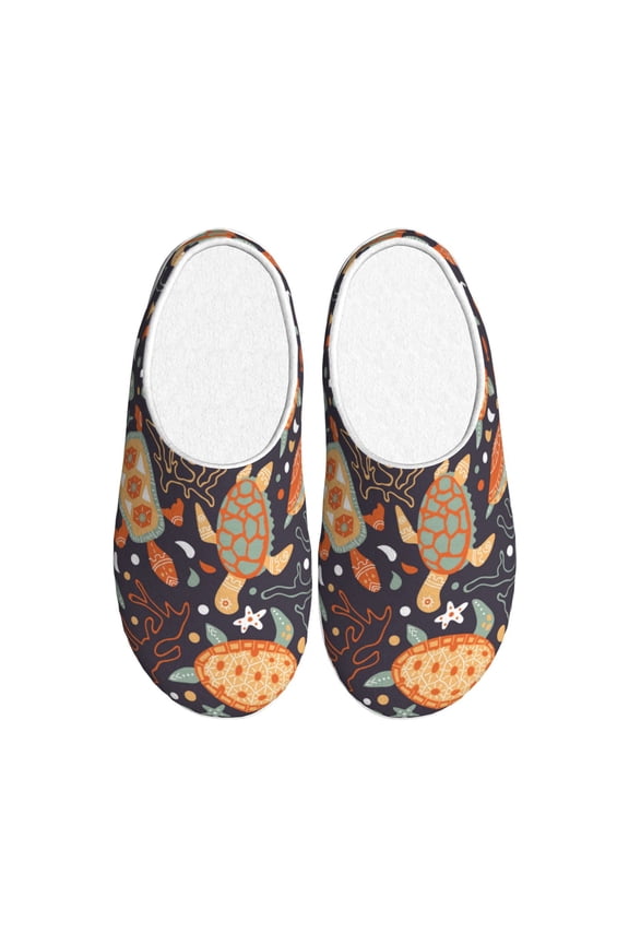 Turtles and Sea Plants Print Women's Men's Cotton Knit Slippers Lightweight Memory Foam Indoor House Shoes with Anti-Skid Sole-37/38