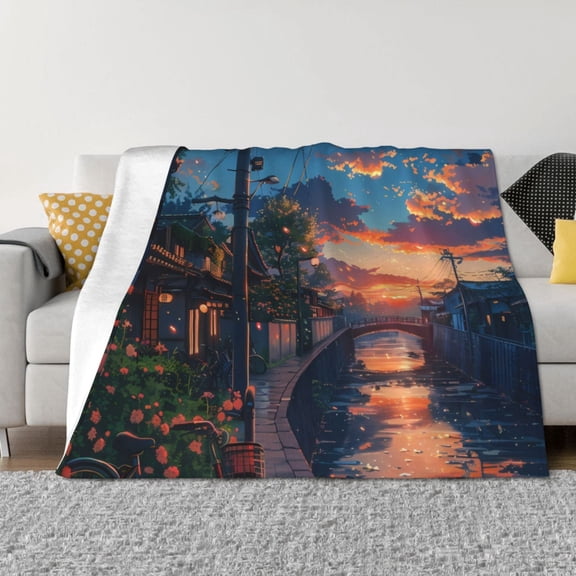 Rateoe Twilight Canal Reflection Pattern Flannel Throw Blanket, Ultra-soft Blanket for Bed, Couch, Car, Hypoallergenic Anti-pilling blanket-