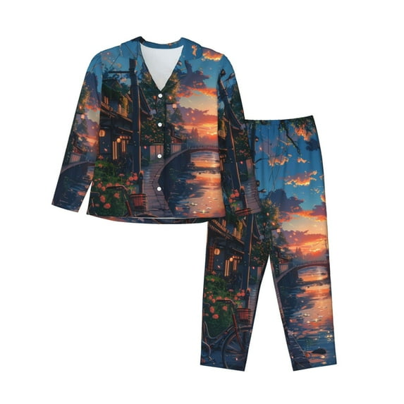 Rateoe Twilight Canal Reflection Pattern Womens Pajamas Set Long Sleeve Sleepwear Button Down Nightwear Soft Cotton Pj Lounge Sets-Medium
