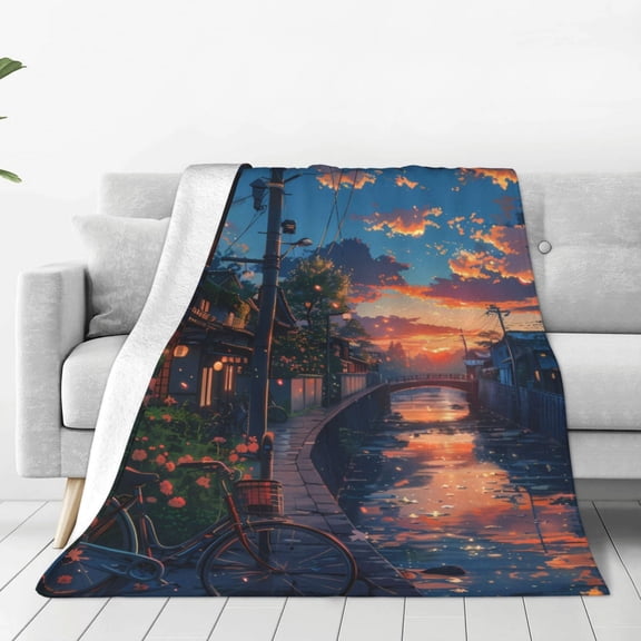 Rateoe Twilight Canal Reflection Print Fuzzy Fleece Throw Blanket Extra Large,Super Soft,Fluffy and Warm Blankets for Couch,Bed,All Season Use (50"x40")