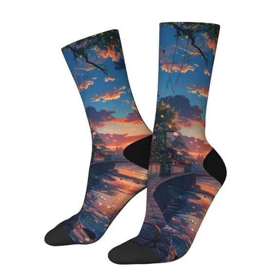 Rateoe Twilight Canal Reflection for Women Casual Calf Socks - Cute Crew Socks - Thin Soft Above Ankle Socks Size 5-11