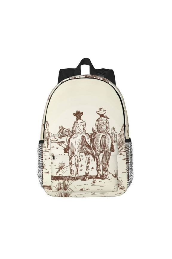 Two Cowboys Riding Horses In The Desert Pattern Student Backpack Water-resistant Backpack 15-inch Laptop Backpack Lightweight Adjustable School Backpack