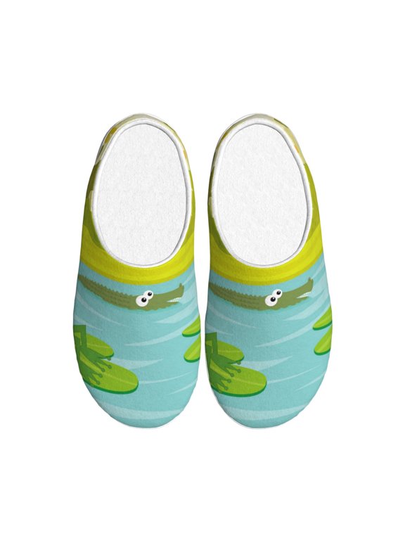 Two Frogs Are Sitting On Water Lilies Print Women's Men's Cotton Knit Slippers Lightweight Memory Foam Indoor House Shoes with Anti-Skid Sole-44/45