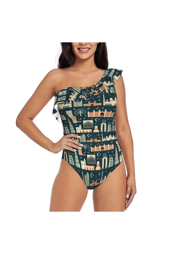 UAE Travel1 1 Pattern Women One Piece Swimsuits Tummy Control One Shoulder Bathing Suits Ruffle Swimwear-X-Large