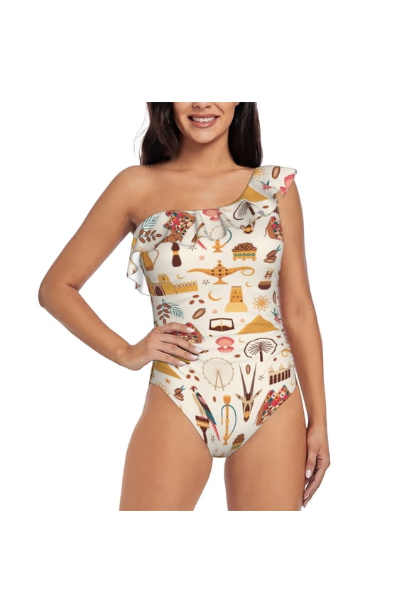 UAE Travel1 Pattern Women One Piece Swimsuits Tummy Control One Shoulder Bathing Suits Ruffle Swimwear-Small