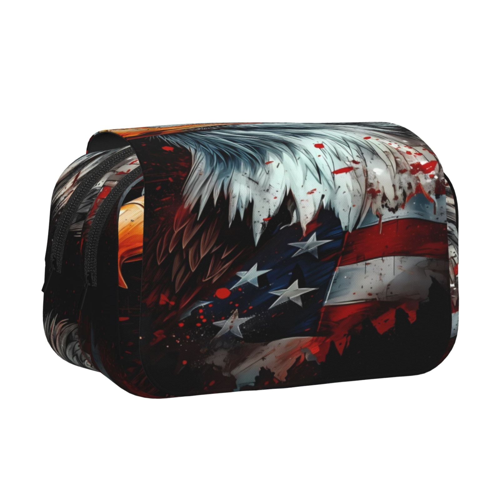 Rateoe USA Bald Eagle Pattern Double Clamshell Pen Case, Storage Organizer with Two Zipper Compartments– Holds Up to 50 Pencils & Pens