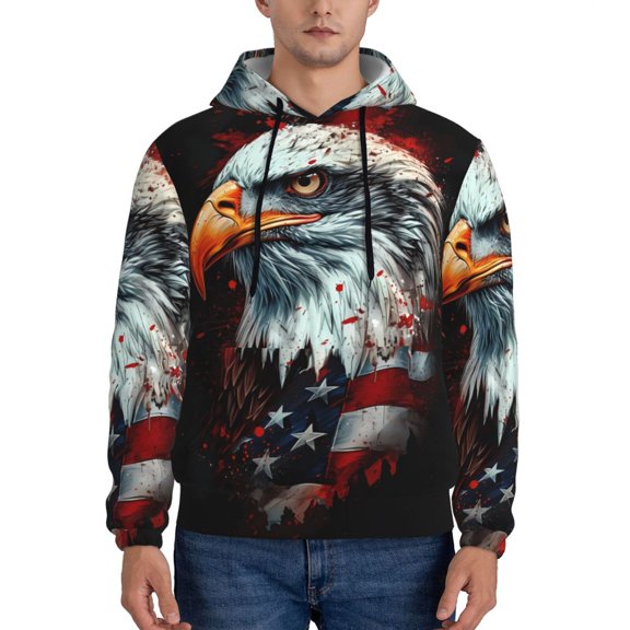 Rateoe USA Bald Eagle Pattern Mens Hoodie, Pullover Hooded Sweatshirt, Kangaroo Pocket Hoodie Ideal for Daily Wear, Travel and Home-Large