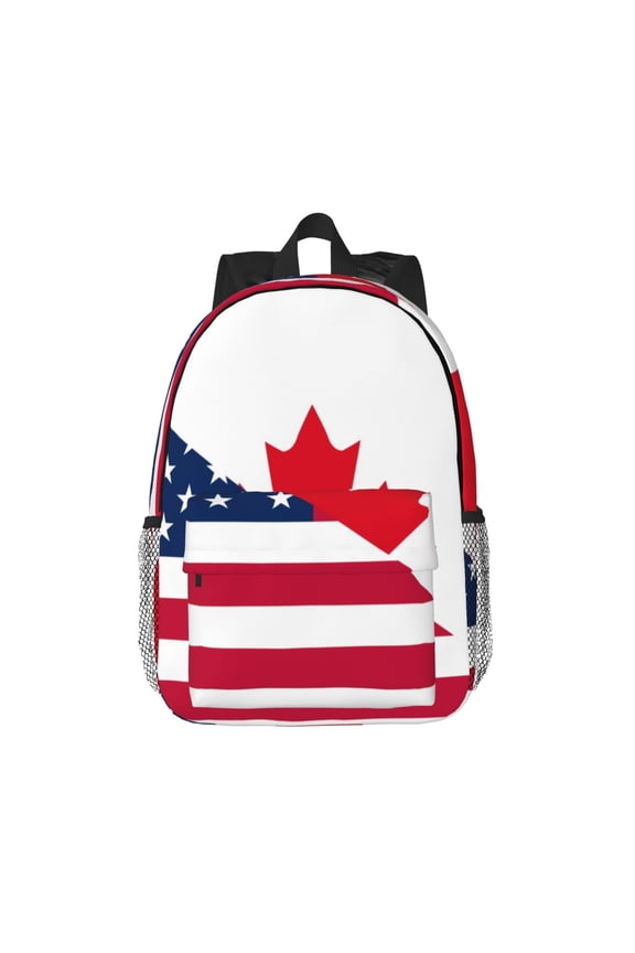 USA Canada Flag Pattern Student Backpack Water-resistant Backpack 15-inch Laptop Backpack Lightweight Adjustable School Backpack